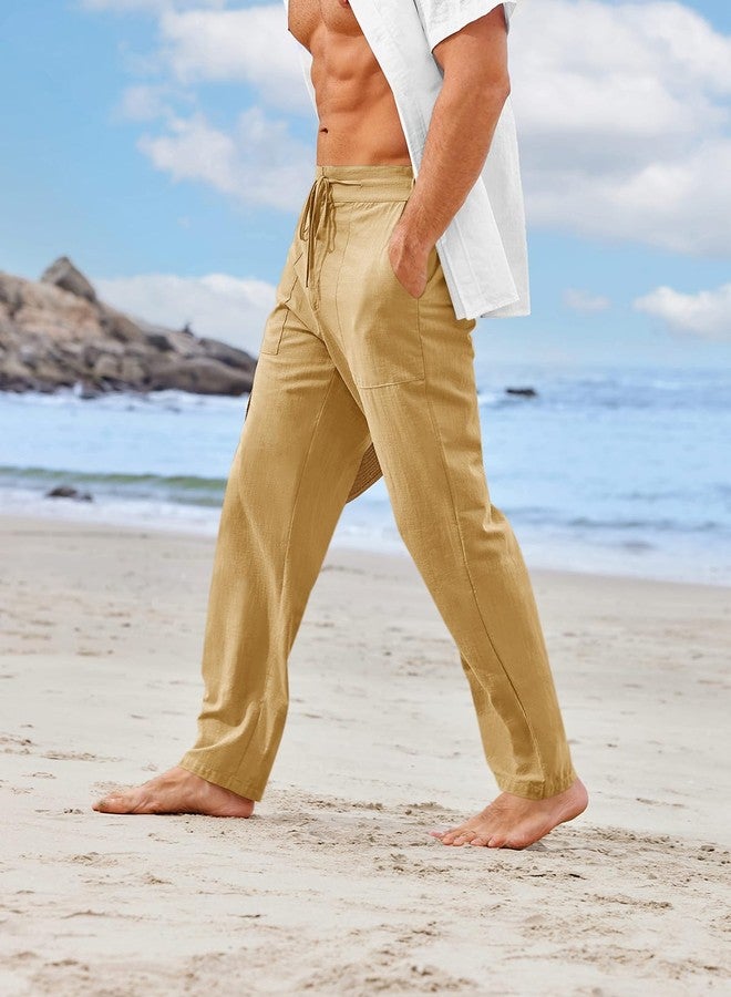 PASLTER Mens Casual Linen Pants Loose Fit Straight-Legs Elastic Drawstring Waist Summer Beach Yoga Long Pants A-Khaki - Image 3